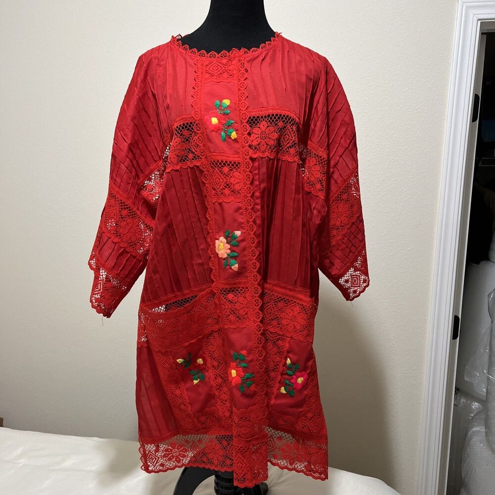 Swim Coverup Red Cutout Lace Embroidered Boho Beach Resort Wear Poolside 2XL